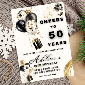 50th Birthday Invitation, Gold White & Black Party Template