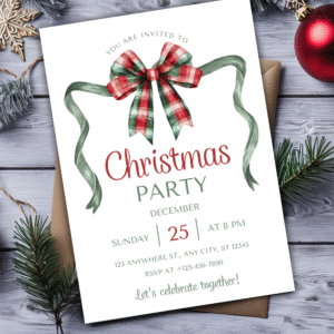 Watercolor Plaid Bow Christmas Party Invitation