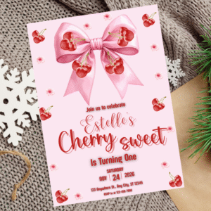 Cherry Sweet Birthday Invitation | Pink Bow Girl Party Invite