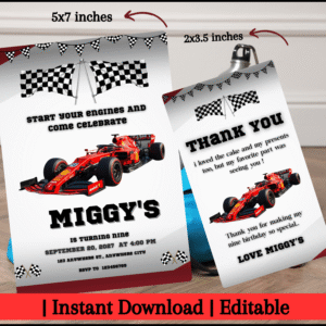 Red Race Car Birthday Invitation & Favor Tag Set
