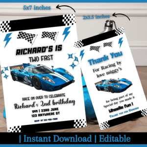Two Fast Race Car 2nd Birthday Invitation & Favor Tag Set