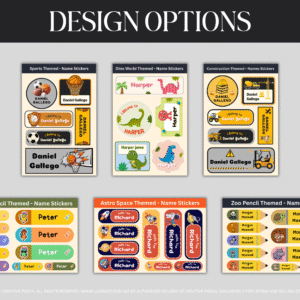 Custom kids name sticker sheets showing sports, dinosaur, construction, space, kawaii pencil and zoo themed personalised name labels