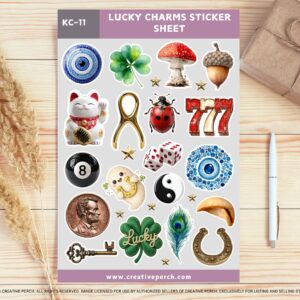 Lucky Trinkets & Tidbits Sticker Sheet | Junk Journal Stickers | Scrapbook Ephemera | Vision Board | Retro Aesthetic | Good Luck Symbols
