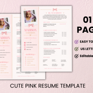 Cute pink sorority rush resume template Canva editable