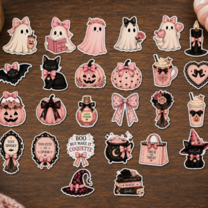 lose-up of laminated coquette Halloween die-cut vinyl stickers with detailed pink spooky artwork.