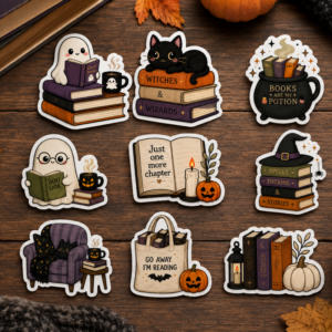 Bookish Halloween vinyl stickers featuring ghosts, books, pumpkins, black cats and cosy reading-themed Halloween designs.