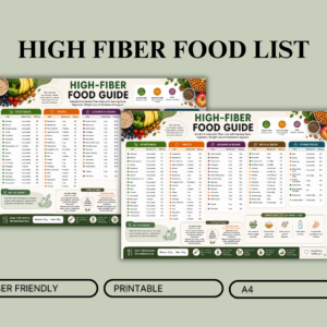 High Fibre Food List printable A4 nutrition guide with soluble and insoluble fibre food chart