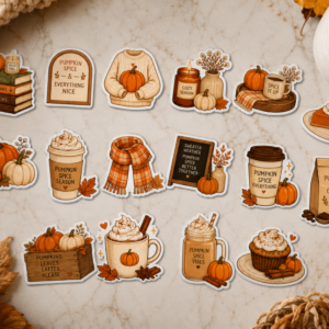Close-up of a laminated Pumpkin Spice Aesthetic die-cut vinyl sticker featuring warm autumn colours and detailed seasonal illustrations.