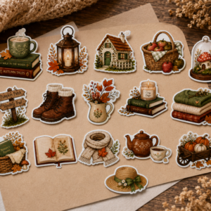 Cottagecore autumn vinyl stickers decorating a journal, laptop, Kindle and water bottle with cosy seasonal artwork.