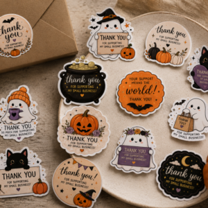 Close-up of a laminated Halloween thank you die-cut vinyl sticker with detailed seasonal artwork.