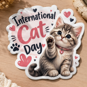 International Cat Day cute kitten die cut waterproof vinyl sticker with hearts.