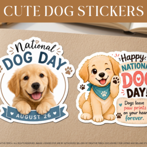 Lifestyle image: Cute National Dog Day puppy stickers displayed on a notebook for dog lovers