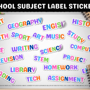 Lifestyle image: School subject vinyl labels arranged with notebooks and school supplies