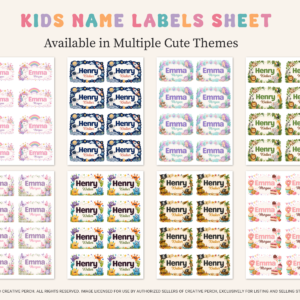 Main image: Custom kids name sticker sheets in colourful personalised themes for school supplies