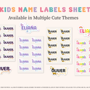 Main image: Personalised kids name labels school sticker sheets in cute colourful themes