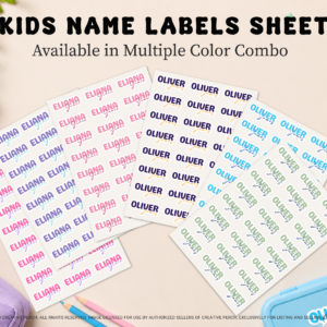 Main image: Personalised kids name labels sheet in multiple colour combinations for school supplies