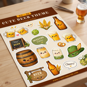 Main image: Cute beer theme sticker sheet with beer bottles glasses hops and barrel designs