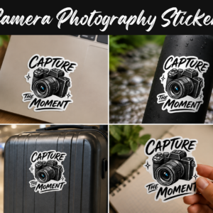 Main image: World Photography Day camera die cut sticker with Capture the Moment design