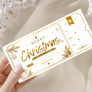 Editable Christmas gift ticket template in elegant white and gold Canva design