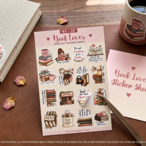 Close-up of laminated book stack sticker with coffee mug and floral details