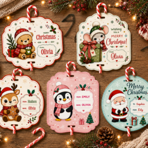 Personalised Christmas candy cane gift tags with festive bear, mouse, reindeer, penguin and Santa designs