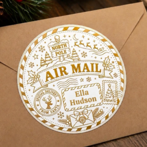 Personalised Christmas Air Mail sticker with Santa North Pole design and custom name