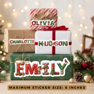 Personalised Christmas gift name stickers on festive wrapped presents