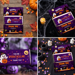 Halloween chocolate bar wrapper and backing card with spooky purple pumpkin design