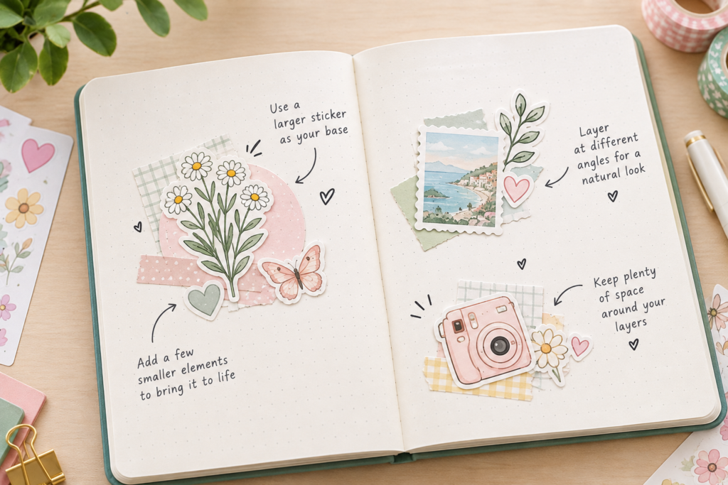 Journal page showing layered floral, botanical and decorative stickers arranged with balanced spacing
