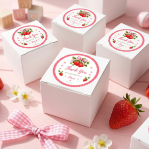 Personalised round strawberry thank you stickers applied to white favor boxes on a pink styled background.