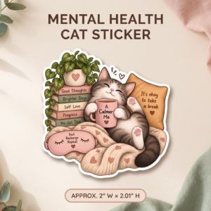 Mental health cat sticker featuring a cosy kitten, self-care books, a calming mug and positive affirmations, approximately 2 inches wide