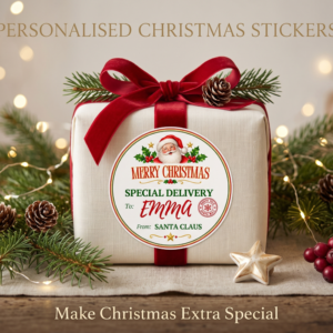 Personalised Christmas stickers with Santa special delivery design and custom name on a wrapped gift