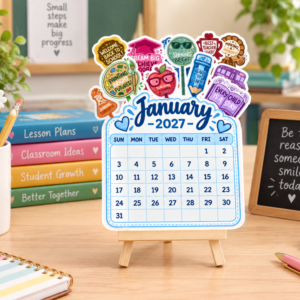 2027 teacher calendar displayed on a classroom desk with mini wooden easel