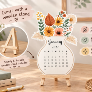2027 floral desk calendar with elegant flower design and wooden easel stand